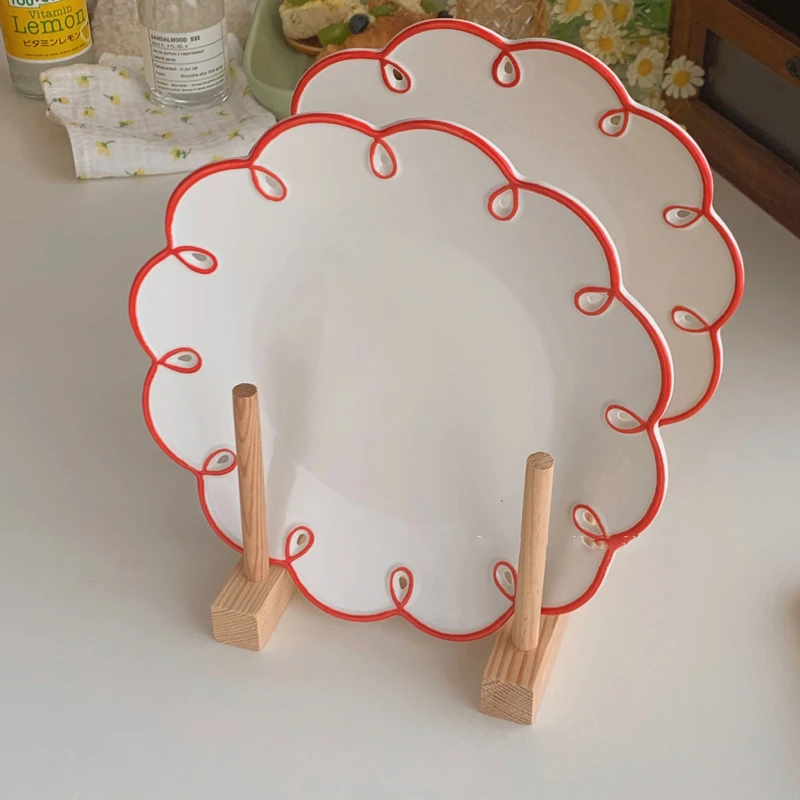 

Korean Style Retro Ceramic Dessert Plate Cute Red Flower-shaped Cake Plates Household Tableware Under Glazed Fruit Dish