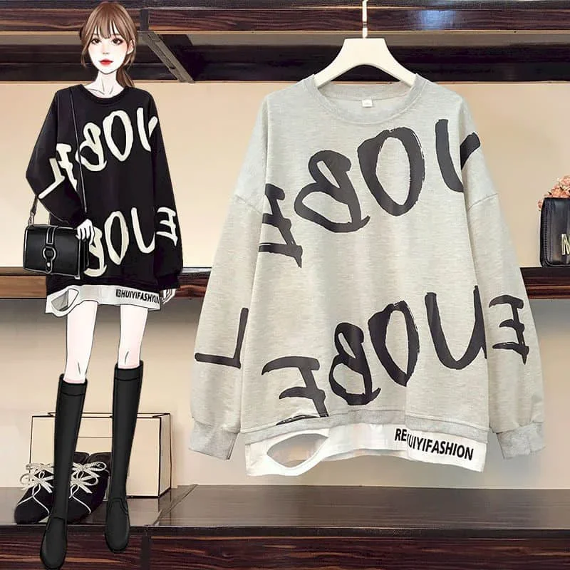 

Pop O-neck Pullovers Fake Two Pieces Patchwork Casual Oversized Korean Style Long Sleeve Streetwear Women Autumn Aesthetic Cloth