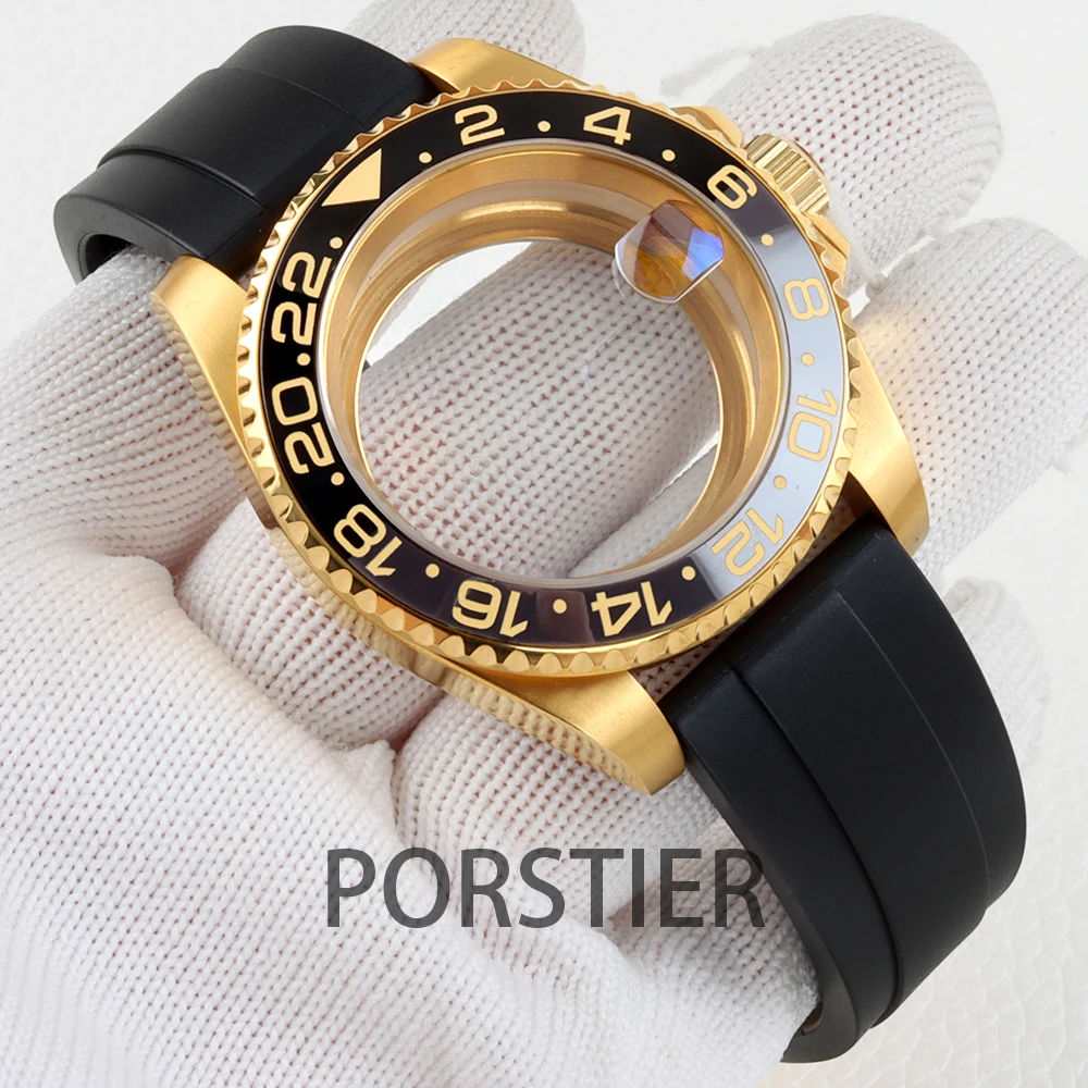 40mm Diver Watch Case for SUB GMT NH34 NH35 NH36 movement 28.5mm Dial Gold pvd Stainless steel Case Sapphire Glass Rubber Strap