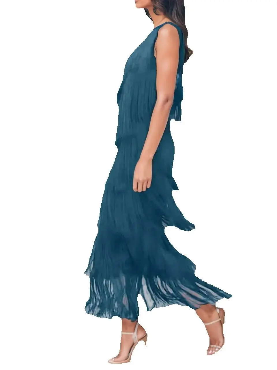 

Chic Tiered Fringed One Shoulder Solid Color Long Dress