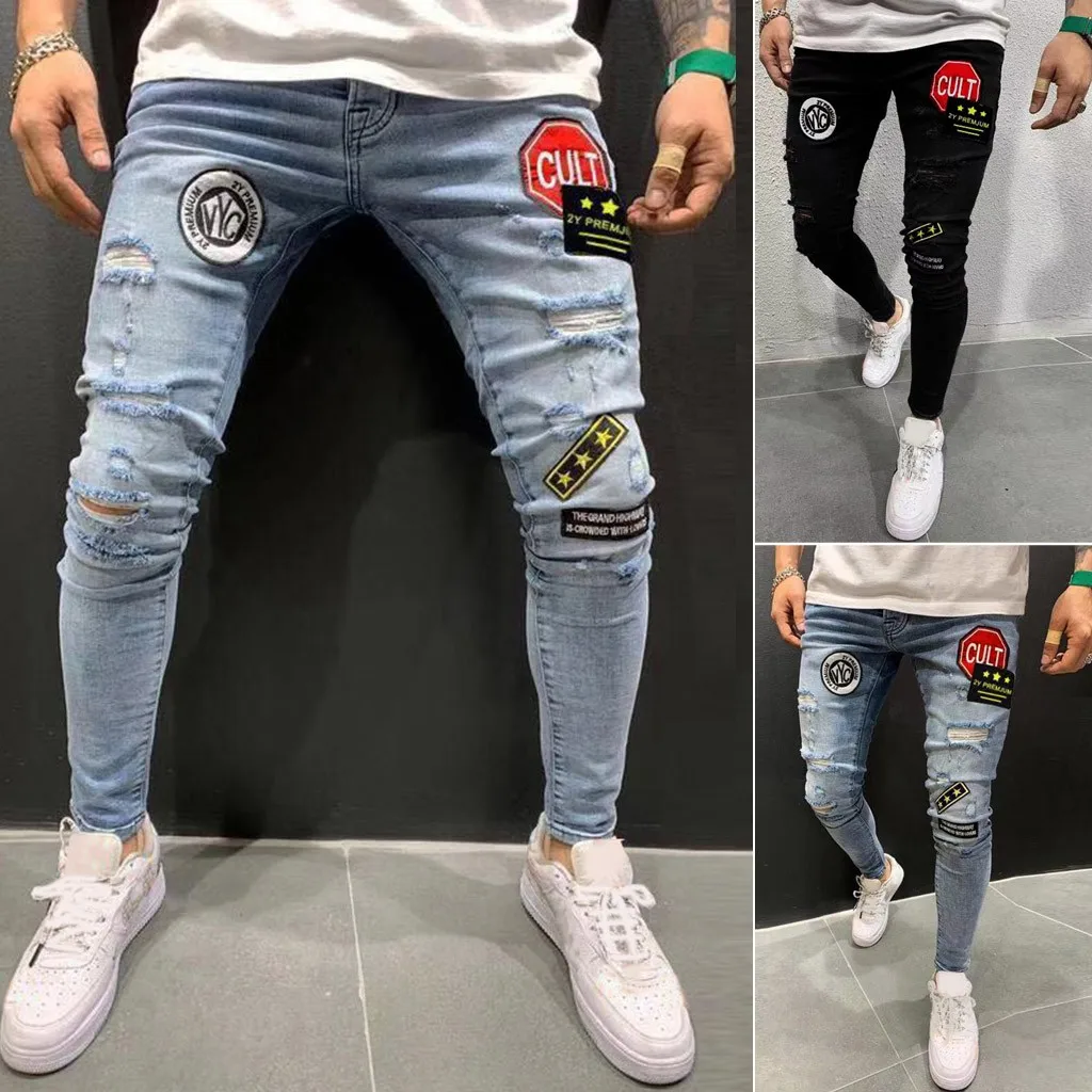 

Straight Fashion Hole Trouser Pants Distressed Jeans Men's Denim Long Casual Men's pants Big