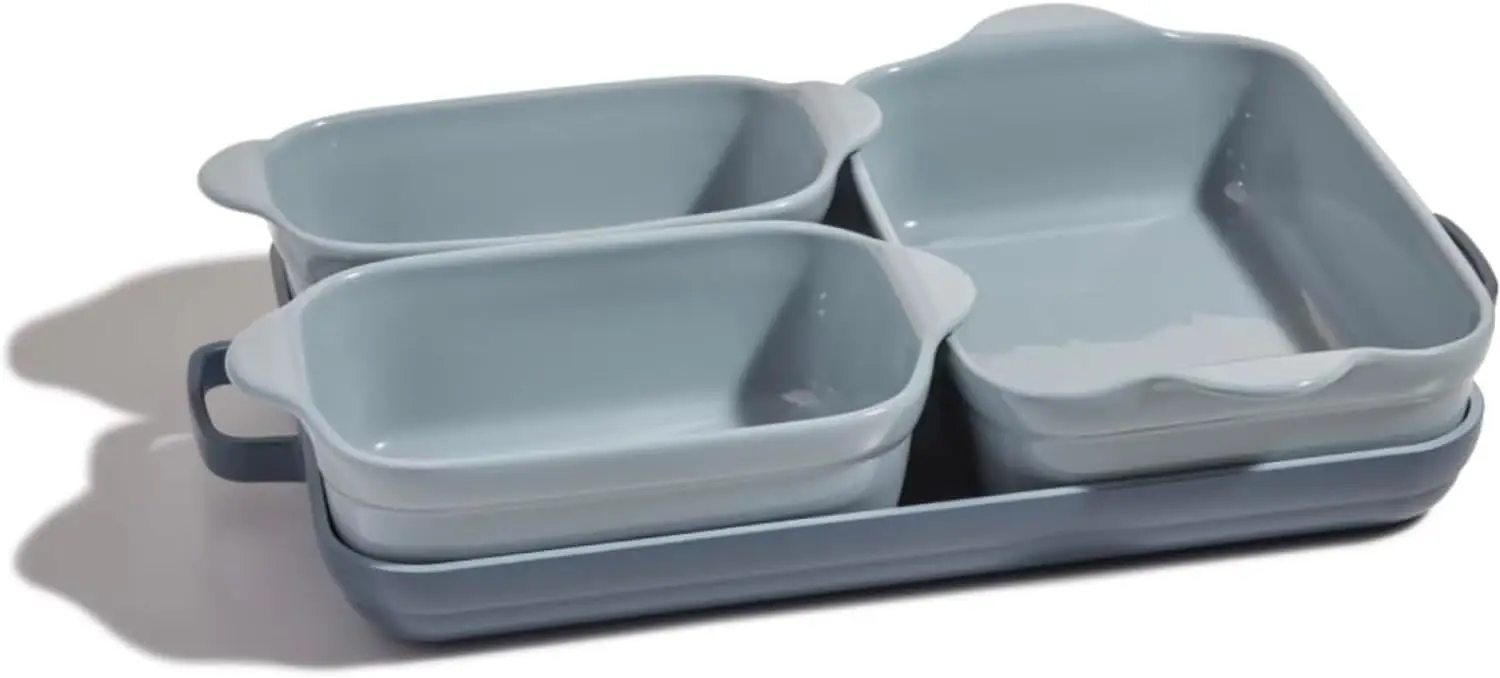 

Set | 5-Piece Nonstick, Toxin-Free, Ceramic, Cast Aluminum Set w/Oven Pan, Bakers, & Oven Mat Space-Saving Nesting Design