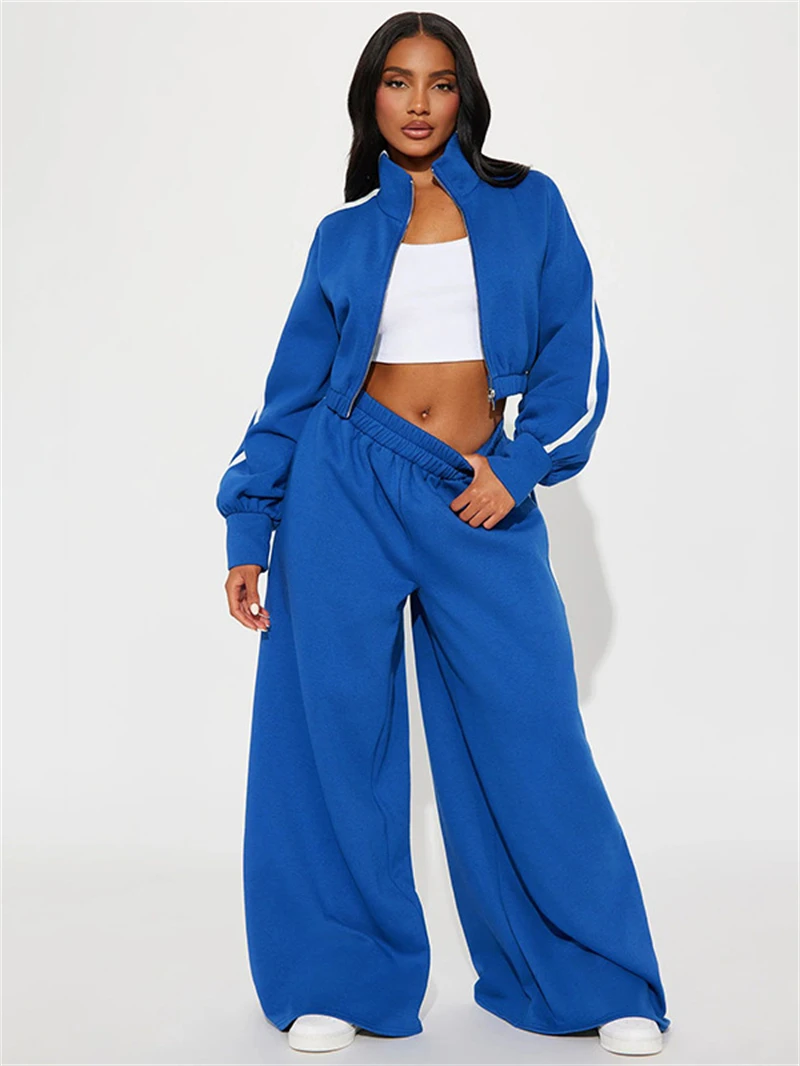 Streetwear 2 Piece Sets Women Outfit Fall Clothes 2024 Women Side Striped Crop Top and Wide Leg Pant Sets Sweatsuits Woman Sets