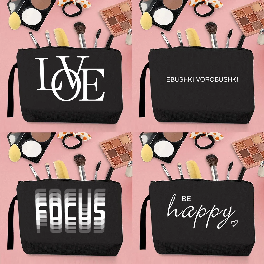 

Classic Trend Woman Makeup Brush Storage Bag Coin Purse Canvas Clutch Simple Text Pattern Printing Portable Kawaii Storage Black