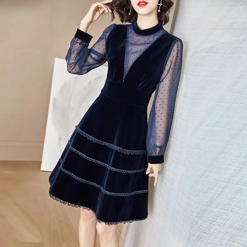 

Velvet Patchwork Gauze Hollow Out Long Sleeve 2023 Autumn Winter New Crew Neck Zipper Dark Blue Knee Length A-line Dresses Women