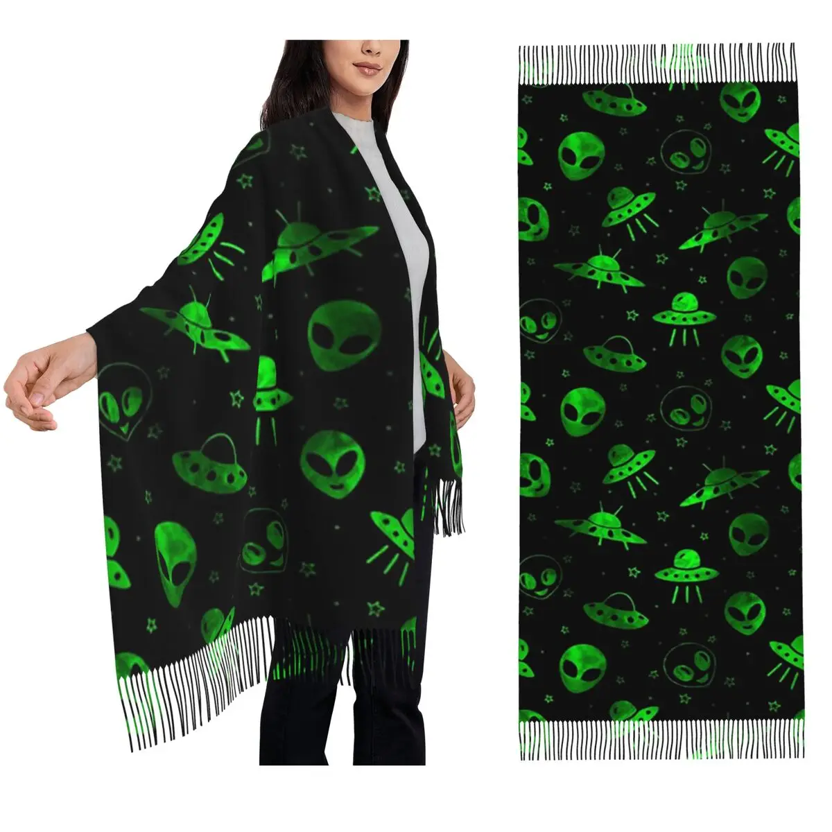 

Шарф с рисунком пришельцев и НЛО, шарфы с кисточками для женщин, мягкие теплые шали и накидки, большая осенне-зимняя шаль