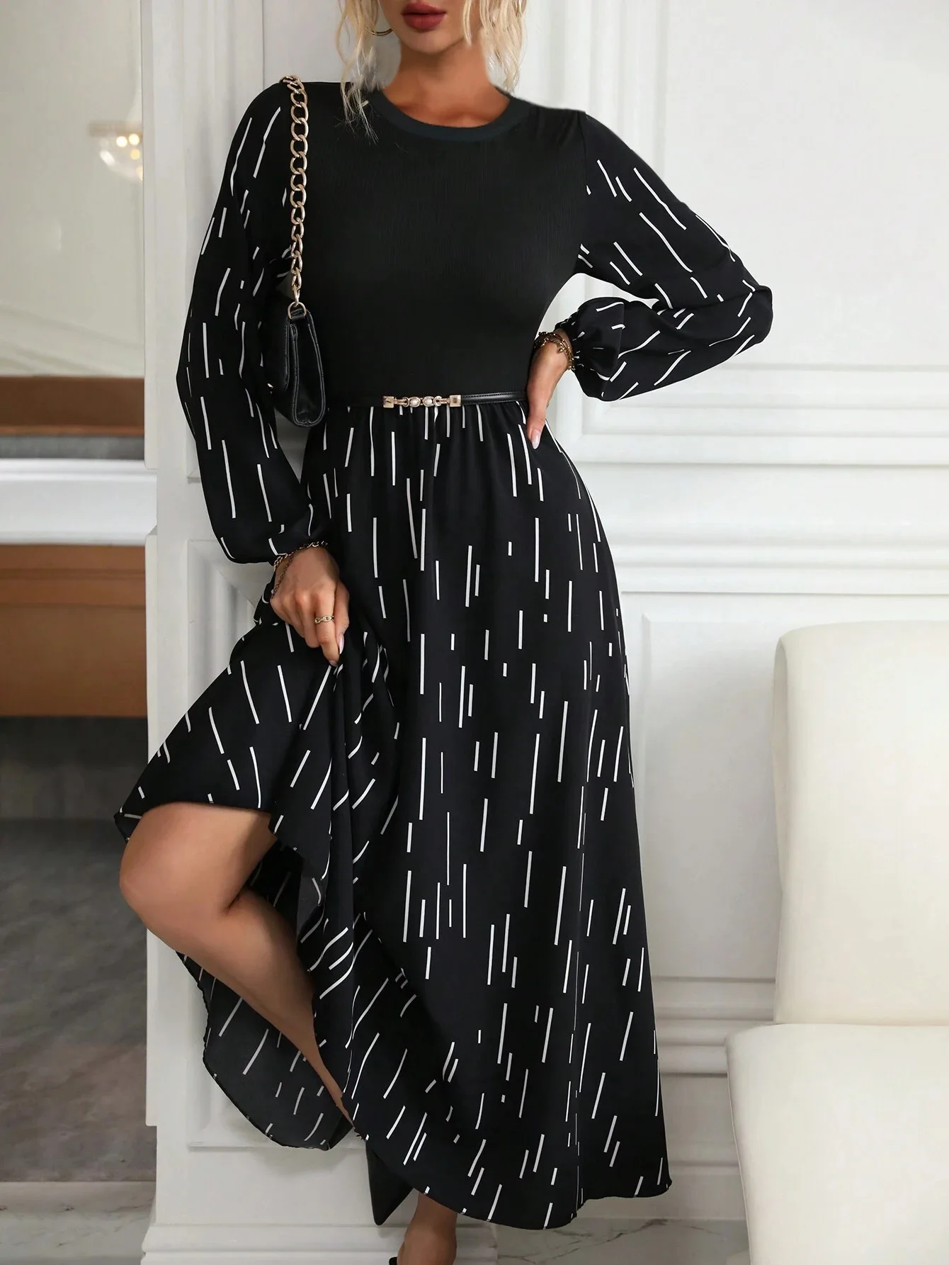 Dress Women Elegant Party Frauen Bekleidung Spring Summer Vacation Dress Women's Spliced ​​Round Neck A-Line Printed Long Dress