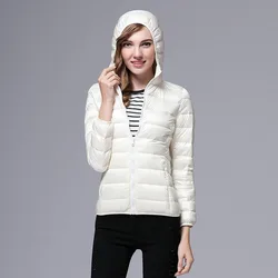 Jaqueta de inverno com capuz feminino 2024 ultraleve fino 90% pato branco para baixo casaco feminino outono inverno quente portátil para baixo jaqueta puffer