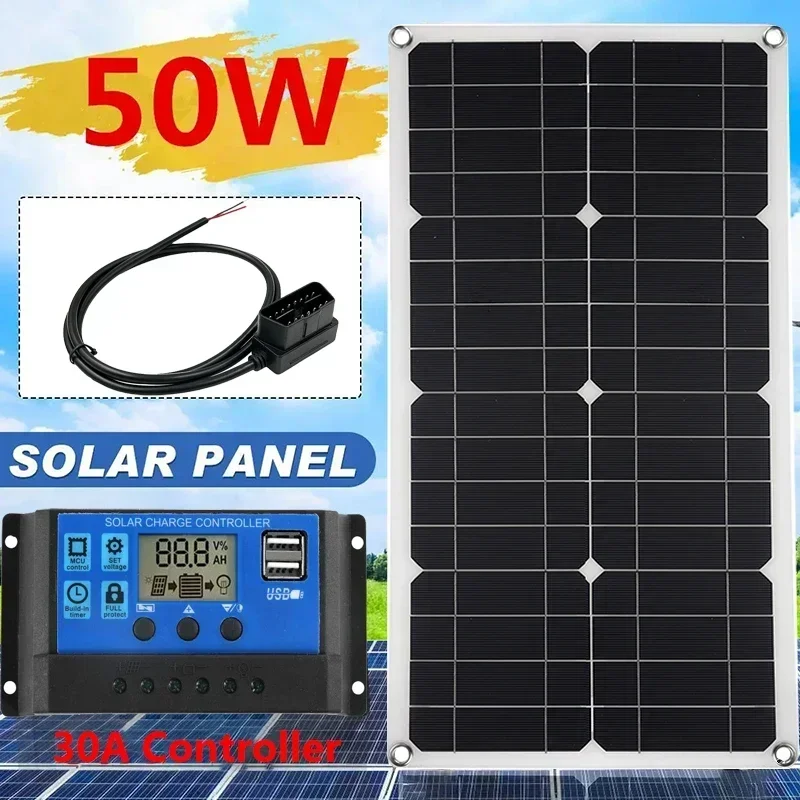 Solar Panel Kit 10A-60A Controller 50W Flexible Sola Panels 18V High Efficiency Battery Charger Module for Car RV with OBD Line
