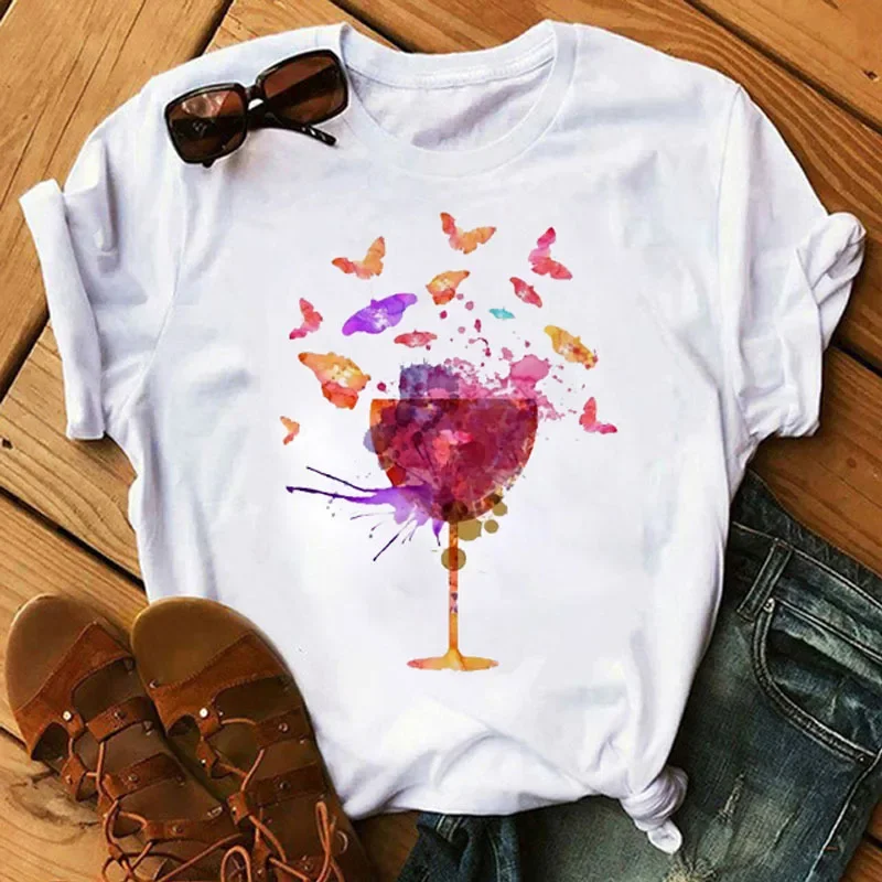 New Summer Sexy Fashion Wine Cup T-shirt, Women's Cute Round Neck Short Sleeve Graphic T Shirts  Tops  Aesthetic  Harajuku