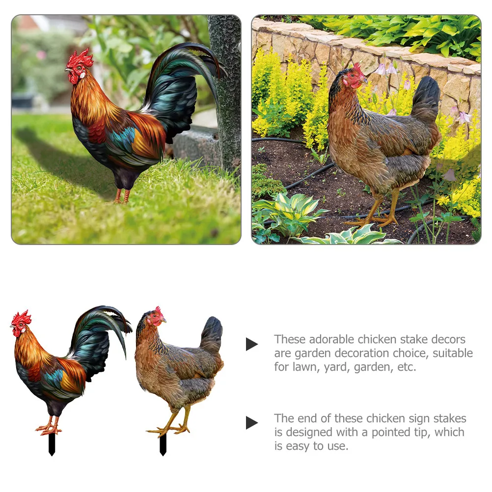 2Pcs Acrylic Chicken Stake Garden Ornament Realistic Hen Chick Design Pointed Tip for Easy Insertion Lawn Yard Garden Decor