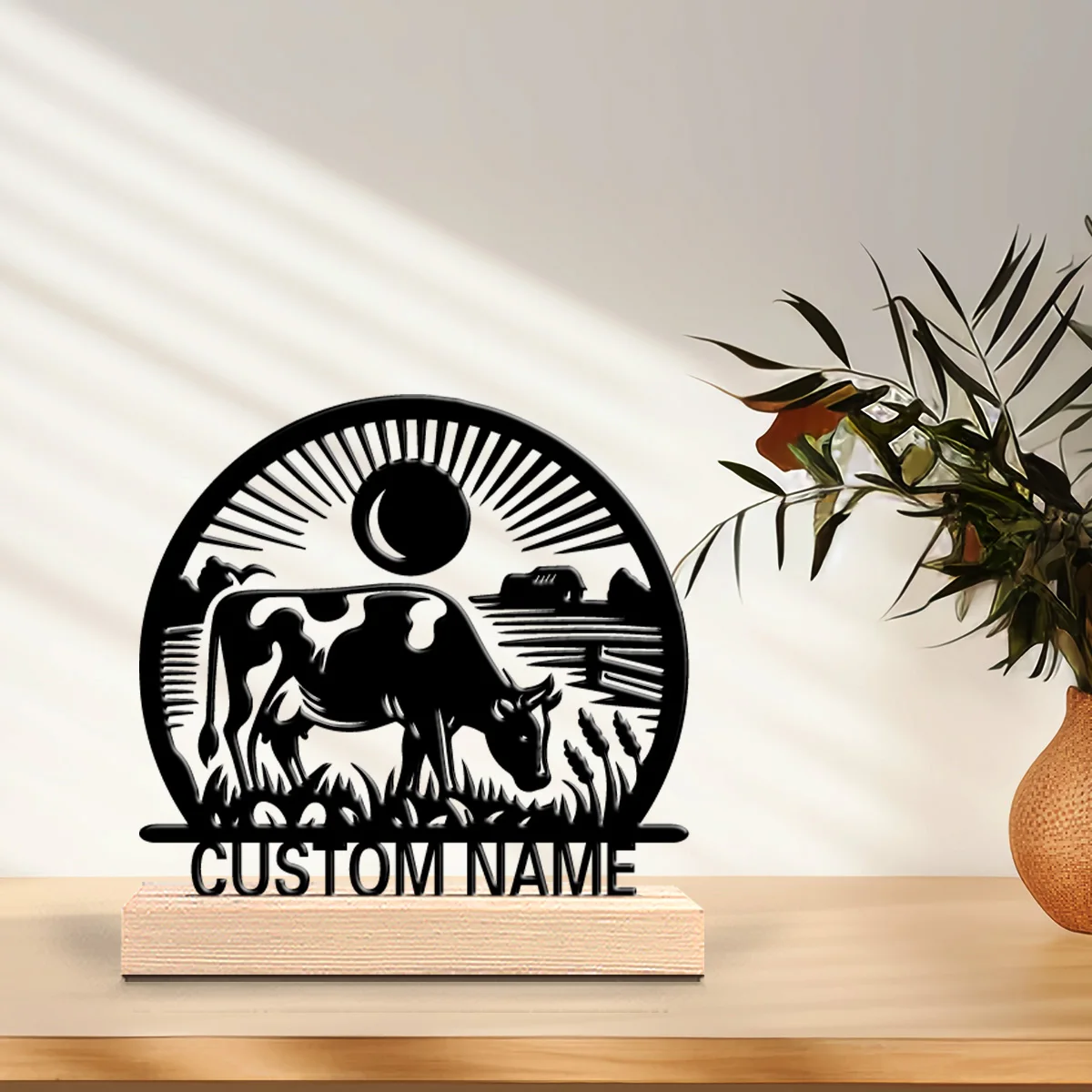 1pc Fashion Personalized Custom cow Metal Statues Farmhouse Garden Decor with Wooden Accents Perfect for Patio Cottagecore Outdo