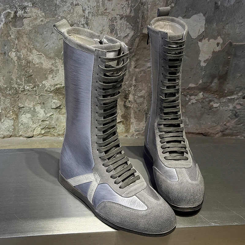 Winter New Men Spliced High Top Boots with Frosted Texture Flat Bottom Personality Niche Color Blocked Unisex Trendy Boots