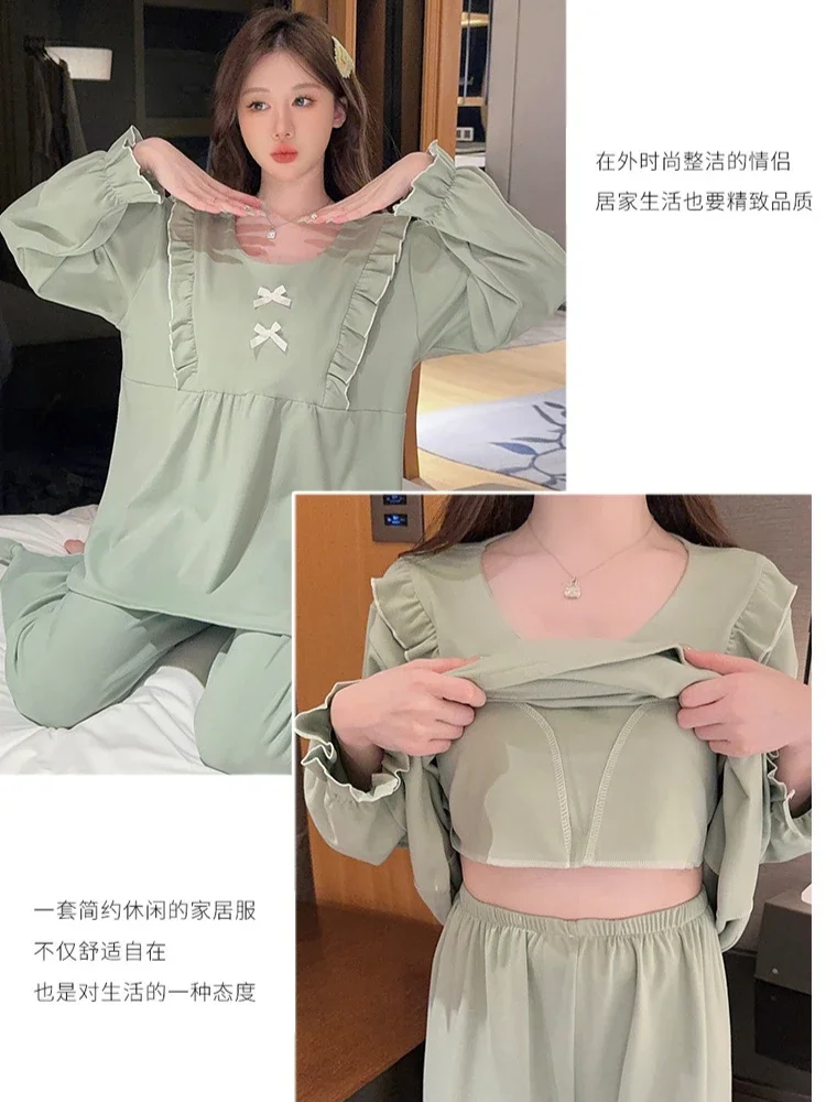 Plus Size Bow Sweet Velvet Pajamas set with Chest Pad Women Autumn Winter Solid Long Sleeve Loose Loungewear Home Clothes Outfit