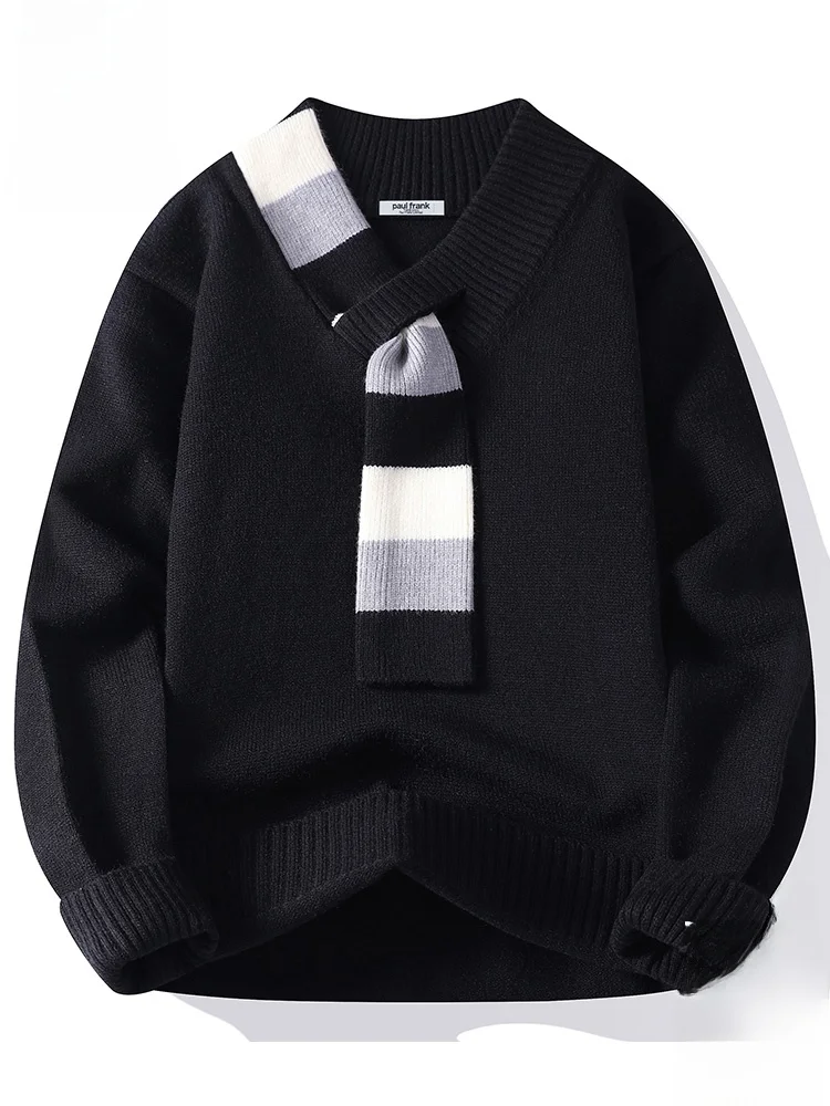 

Вязаный свитер Paul Frank с полосатым узором, осенняя новинка, свободный теплый повседневный свитер с V-образным вырезом, длинными рукавами, из полиэстера