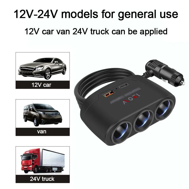 Adaptador de carga de coche, cabezal de conversión de un remolque, tres con USB + PD, extendido, alta potencia, 12V, 24V, modelo Universal