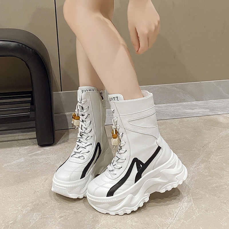 

8CM Women Chunky Mid-Calf Boots New 2025 Autumn Winter Buckle Lace-up Zip Shoes High Platform Motorcycle Boots Leather Sneakers
