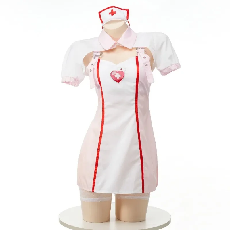 Anime Sexy Girls Cosplay Nurse Uniform Pink Bodysuit Dress Headband Suspender Nightgown Underwear Lingerie Set Costumes