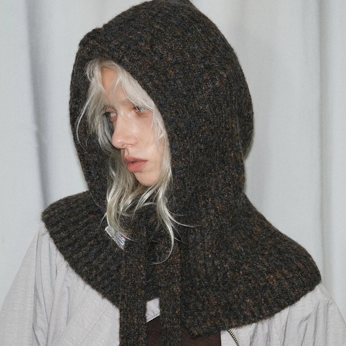 

Зимняя женская серая модная шапка-балаклава, винтажный серый вязаный шарф с капюшоном, модная одежда для девочек с аксессуарами