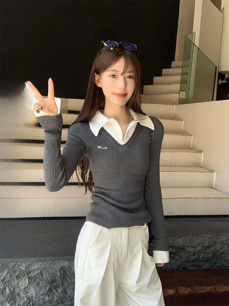 

ay Knitted Sweater Women's Slim Fit Lazy Feeling Overhead Top Fake Two-Piece Casual Sle Long Sve Pure Color Knitwear
