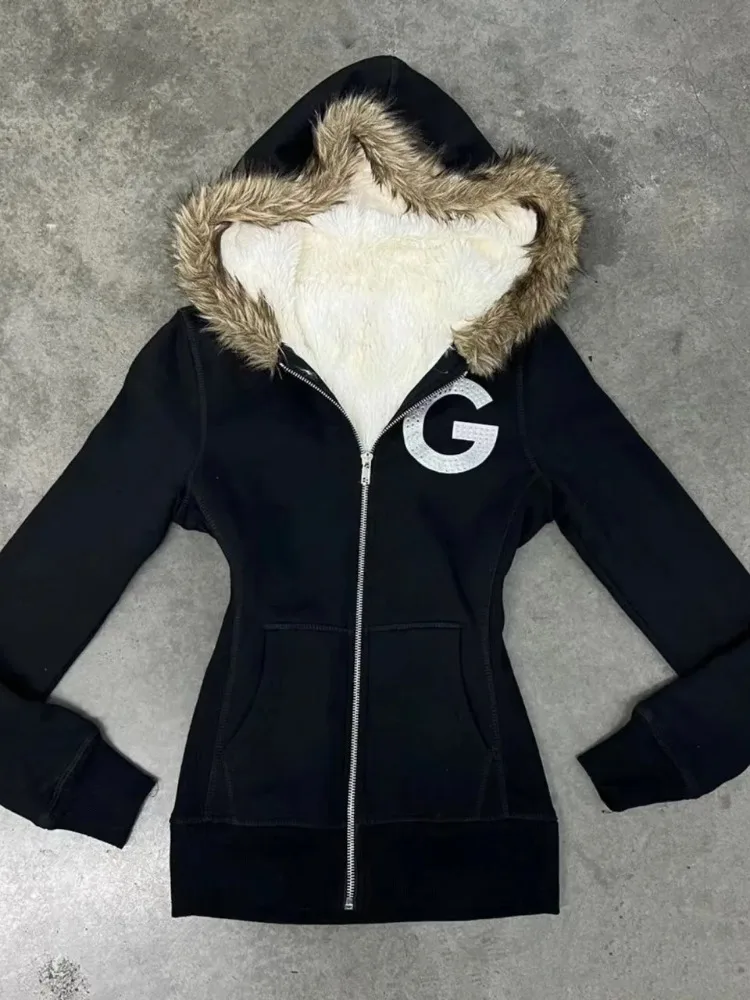 

Vintage Harajuku Letter Embroidery Zipper Sweatshirt Hooded Slim Autumn Winter Fleece Jacket Y2k Women's Coat Streetwear Warm