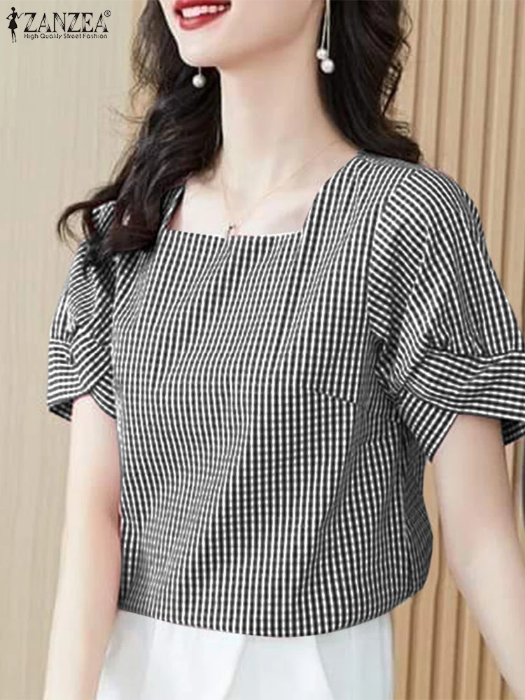 

2025 Summer Plaid Checked Blouses ZANZEA Elegant Women Square Neck Short Sleeve Work OL Shirt Casual Tunic Tops Holiday Blusas