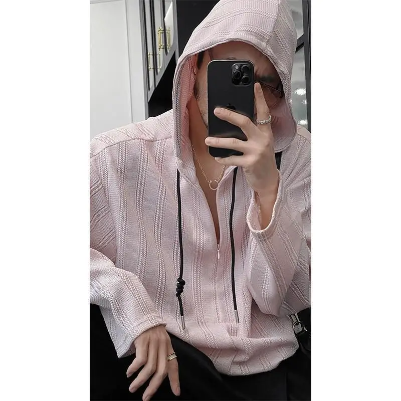 

Summer Autumn New Niche Lazy Style Hoodie for Men Loose Hooded Hollow Knitted Sweater American Casual Versatile Long Sleeved Top
