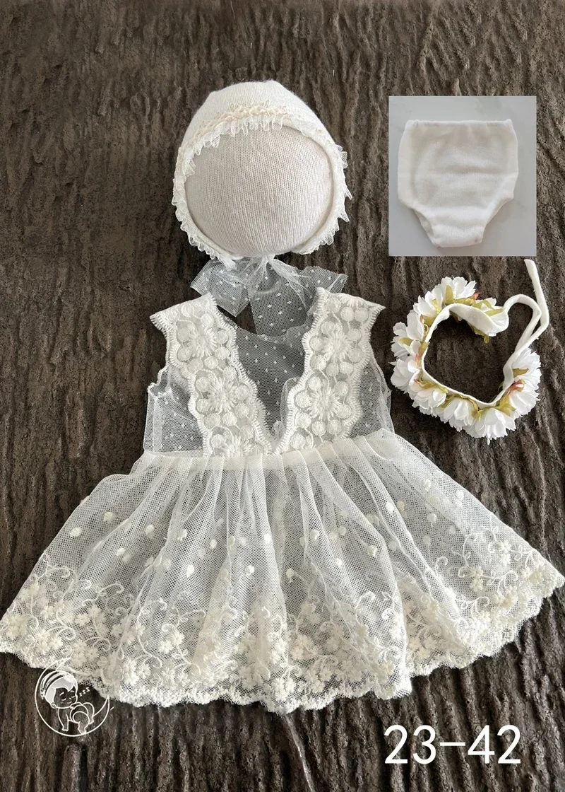 Newborn Photography Lace Clothing Headband+HAT+Dress 3 Pcs/Set Studio Infan Shooting Costume Female Baby Photo Props Accessories