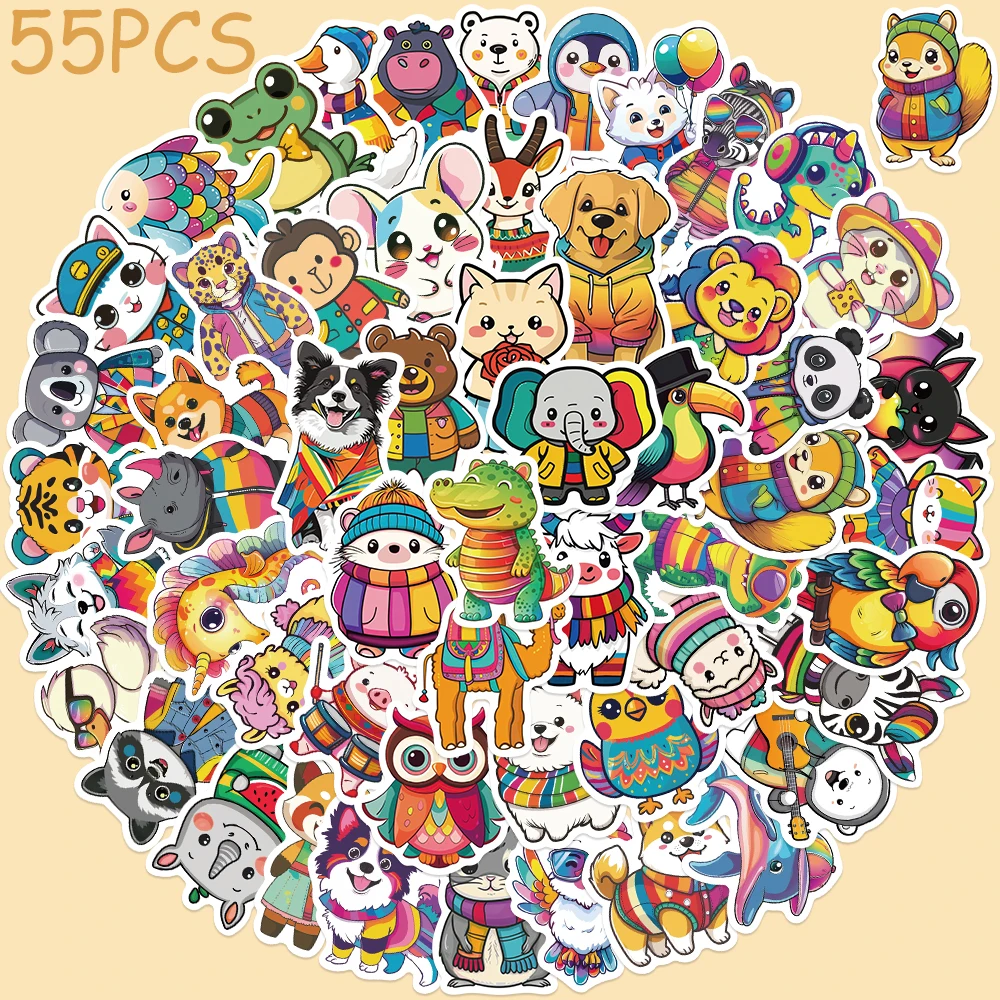 Autocollants de dessin animé d'animaux mignons, décalcomanies pour téléphone, ordinateur portable, scrapbooking, valise, bricolage, graffiti, esthétique, cadeaux pour enfants, 55 pièces