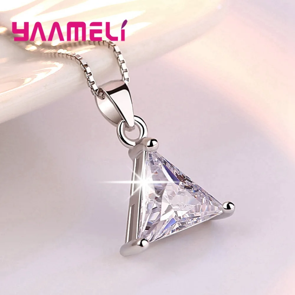 Excellent 925 Sterling Silver Triangle Cubic Zircon Crystal Pendant Necklaces for Women Girls Anniversary Party Jewelry Gifts