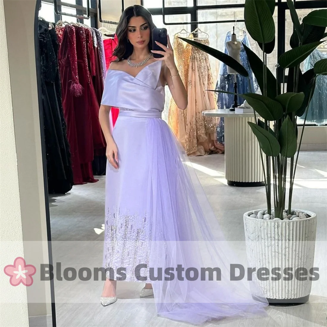 

Blooms One-Shoulder Lilac Satin Beaded Evening Dresses With Tulle Train Arabia Formal Occasion Party Dress For Prom