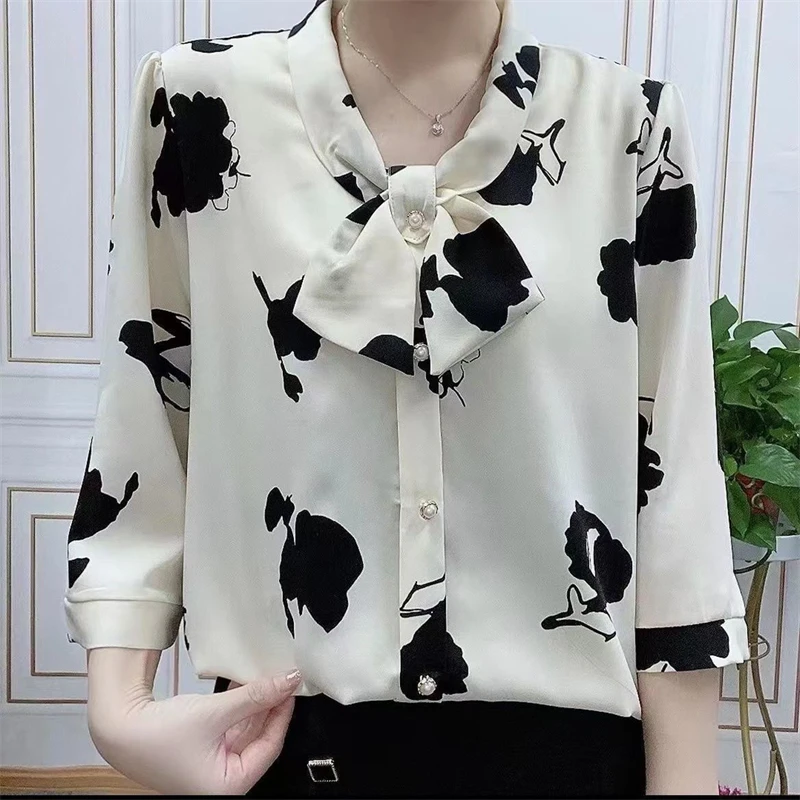 Spring Summer Women Fashion Print Bow Beaded Button Blouse Elegant Chic 3/4 Sleeve Chiffon Shirts Casual Loose Tops Blusas Mujer