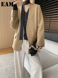 [EAM] Women Khaki Black Brief Big Size Elegant Blazer New V-neck Long Sleeve Jacket Fashion Tide Spring Autumn 2024 1DH6856