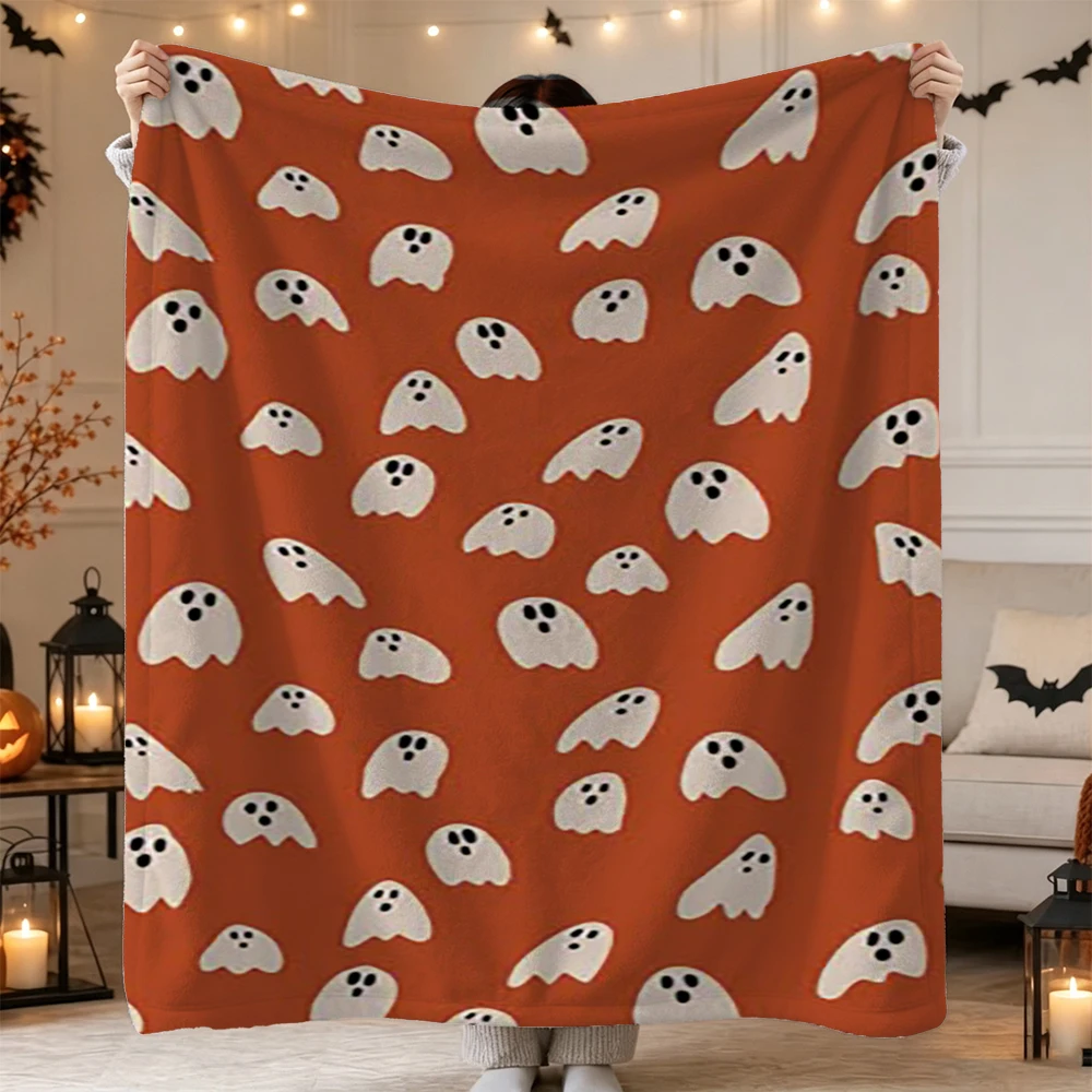 Halloween Ghost Throw Blanket Orange Spooky Pattern Soft Cozy Blanket for Sofa Bed Home Decor
