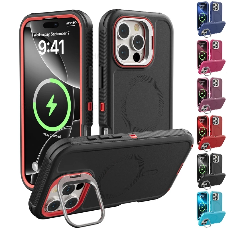 

Flip Lens Kickstand Armor Tough Case For iPhone 17 Pro Max For Magsafe PC TPU Hybrid Cover For Apple 16 Plus 15 14 Pro Max 17Air