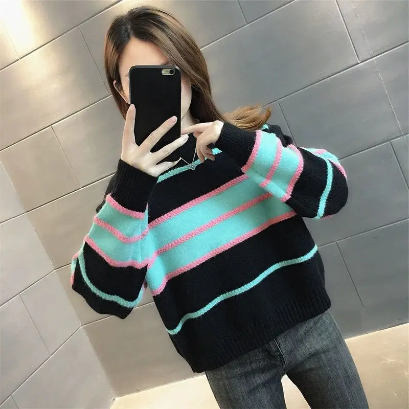 

Striped Small Sweater for Women New Autumn and Winter Fashion Loose Fitting Short Style Knitted Base Sweater Top