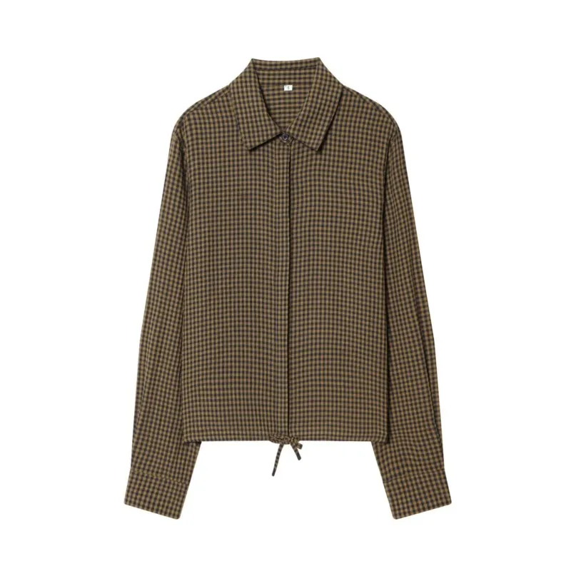 Damska koszula w kratę na wiosnę i jesień, luźna, modna, z kołnierzykiem, wiązana na dół, nowa kolekcja 2026, damska, codzienna, w stylu vintage.