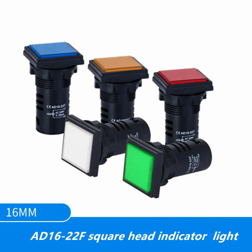 

1Pcs High quality AD16-22F red green yellow blue white LED square signal indicator light220V 12v 24V installation aperture 22MM