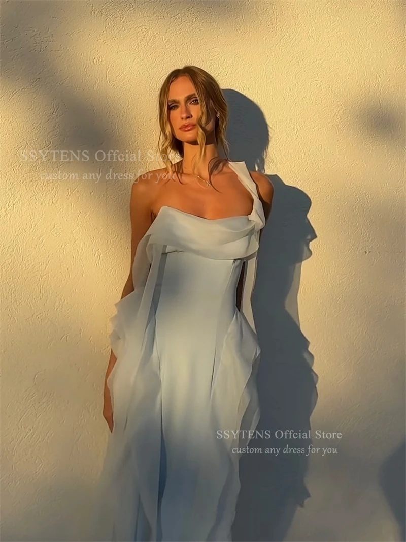 SSYTENS Elegant Blue Chiffon Evening Dresses Draped Ruffle Prom Party Gown for Women Elegant Long Wedding Guest Dress Customized