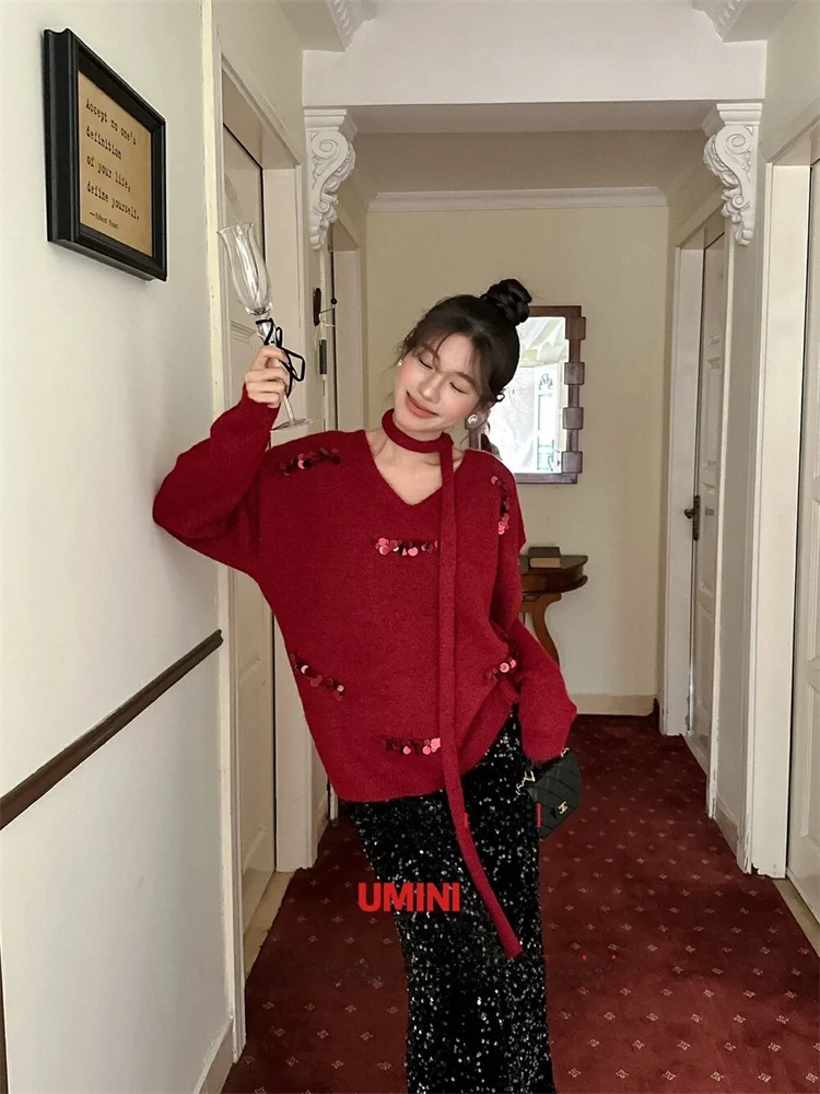 

Ele Red Oversized V-Ne Handmade Beaded Sweater for Annual Conference Versatile Lazy Faionable Knitted Long Sve Top