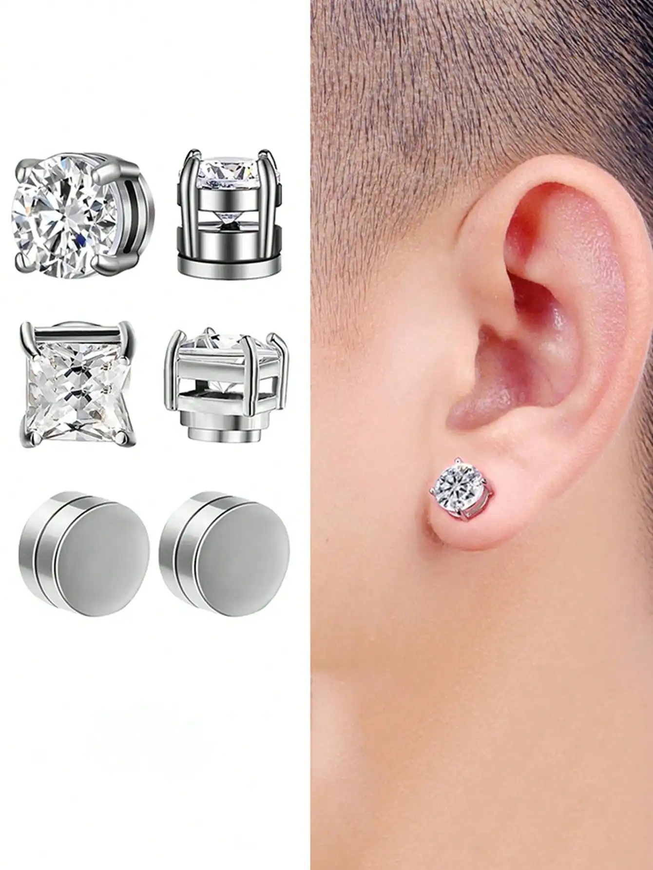 3 Pairs Crystal Magnetic Earrings Punk Round Zirconia Magnetic Earrings, Suitable For Men, Daily Wear, Gift For Christmas, New Year, Valentine's Day view 3
