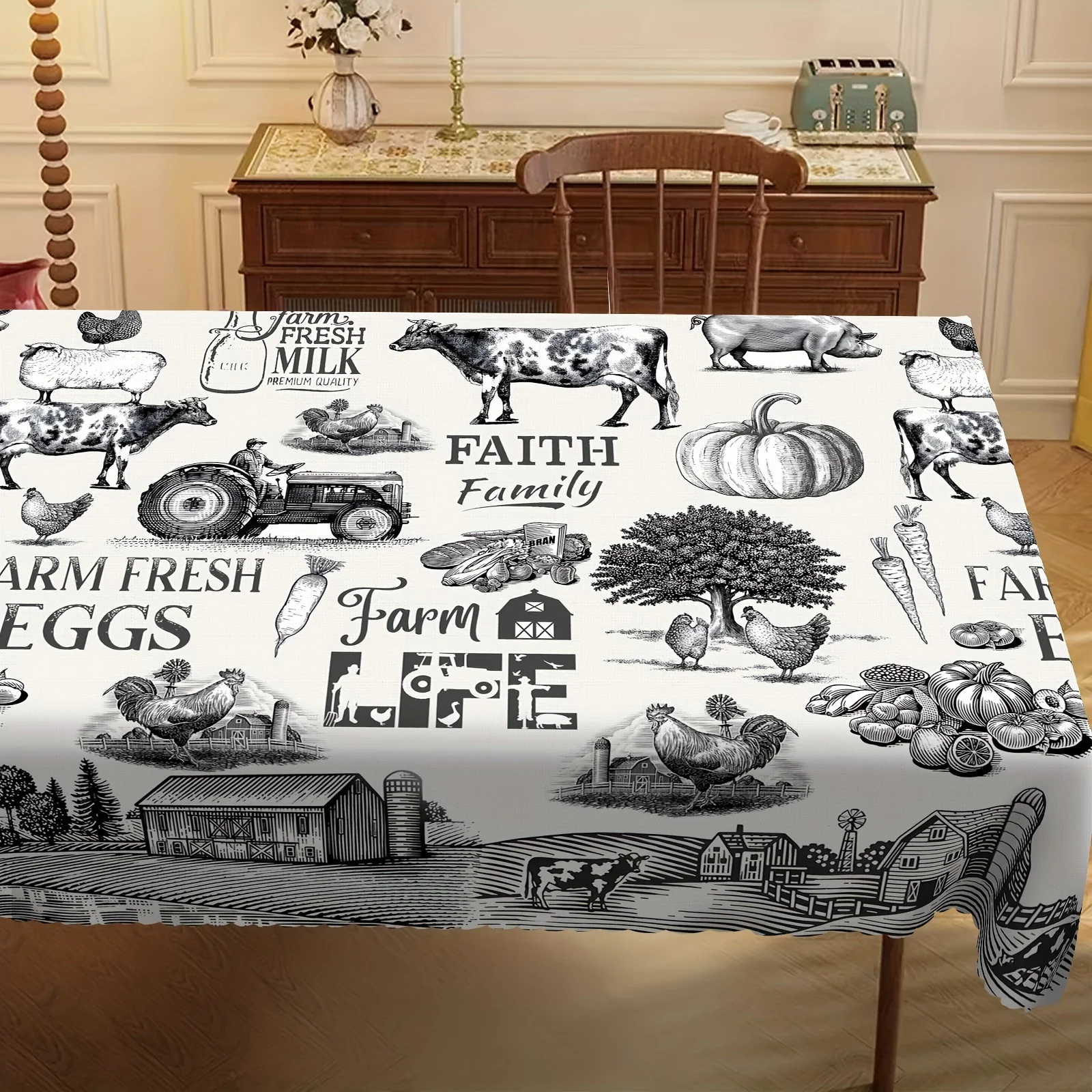 Tractor dairy farm tablecloth, rural style black and white round tablecloth, autumn decoration