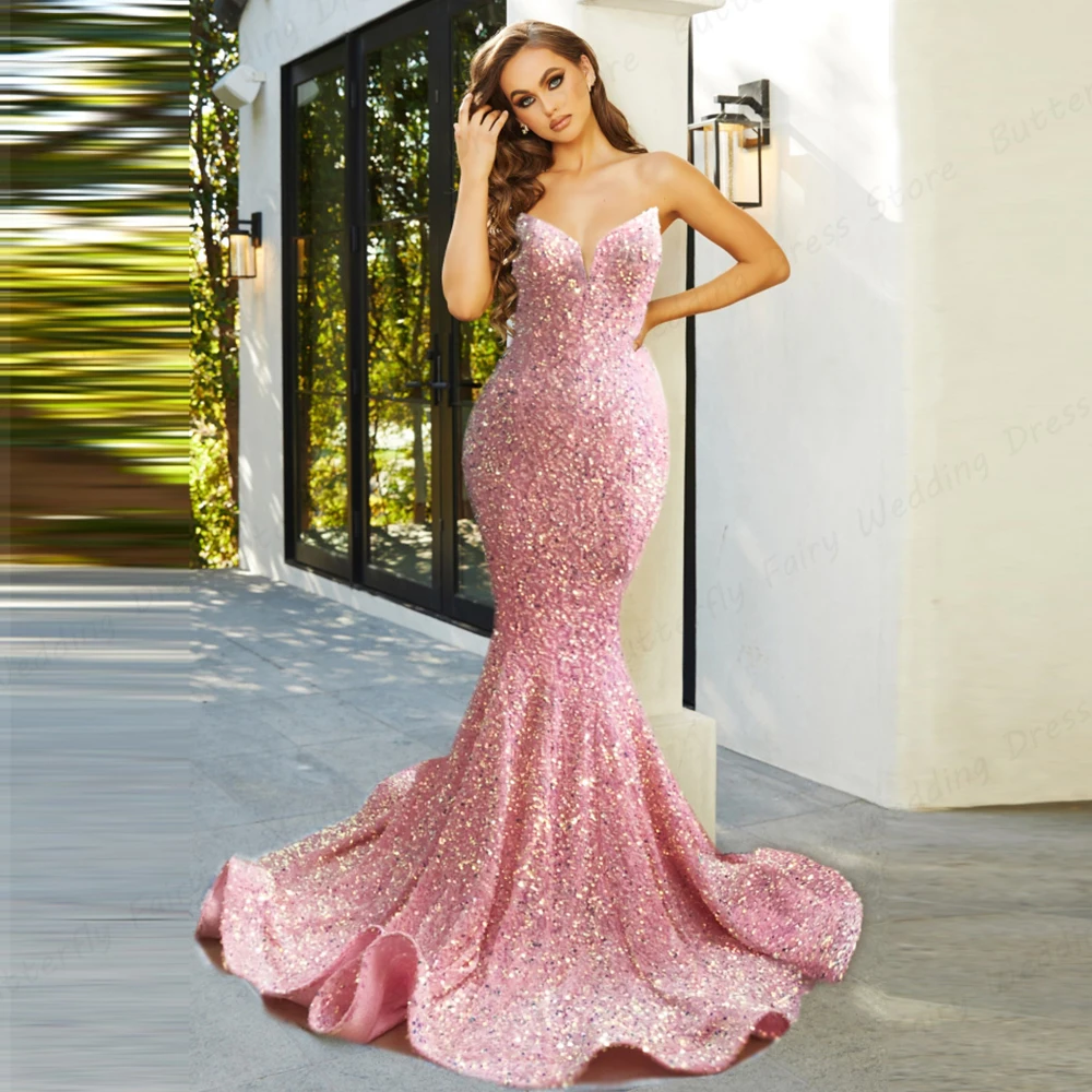 

Pink Sequins Evening Dresses Mermaid Gown Prom Gowns Women Sexy Sweetheart Sleeveless Backless Formal Party Cocktail Robe 2023