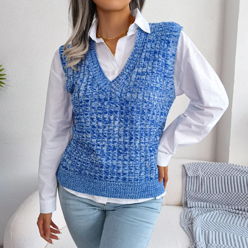 Autumn and Winter 2023 New Colorful Fried Dough Twists V-neck England Style Comfortable Knitted Vest Versatile Thin Female Vest