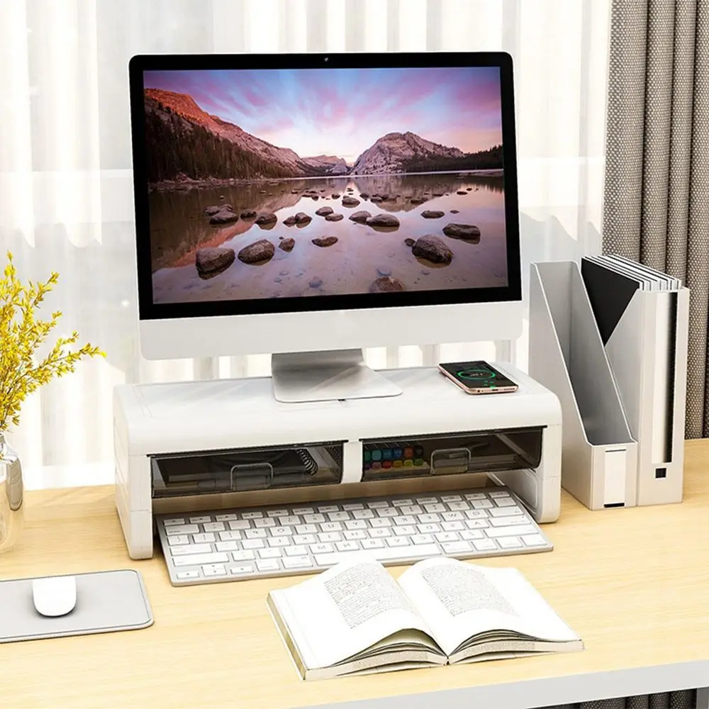 Durable Desktop Computer Monitor Stand Plastic with Drawer Computer Heightening Rack Desktop Storage Box