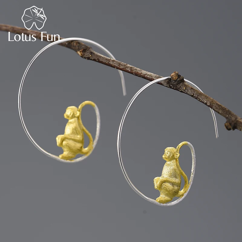 Lotus Fun 18K Gold Cute Long-Tailed Monkey Big Round Hoop Earrings for Women Gift Real 925 Sterling Silver Trendy Fine Jewelry