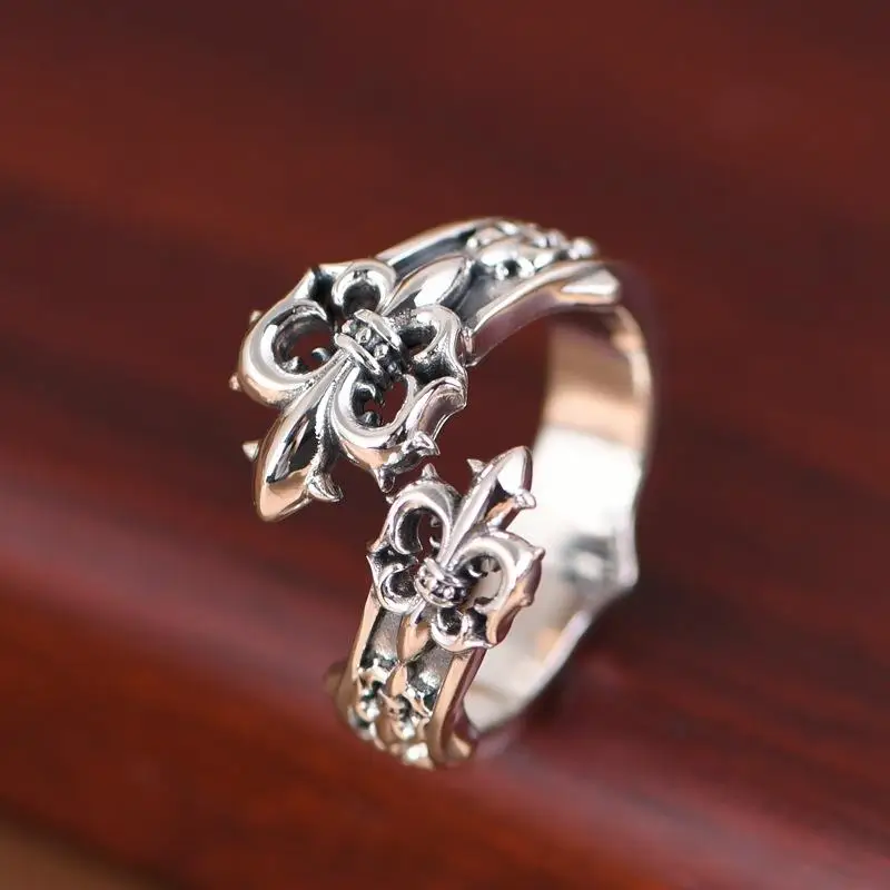 S925 sterling silver niche style open boat anchor ring flower-de-Luce crusader flower hip hop trend personality ring bracelet