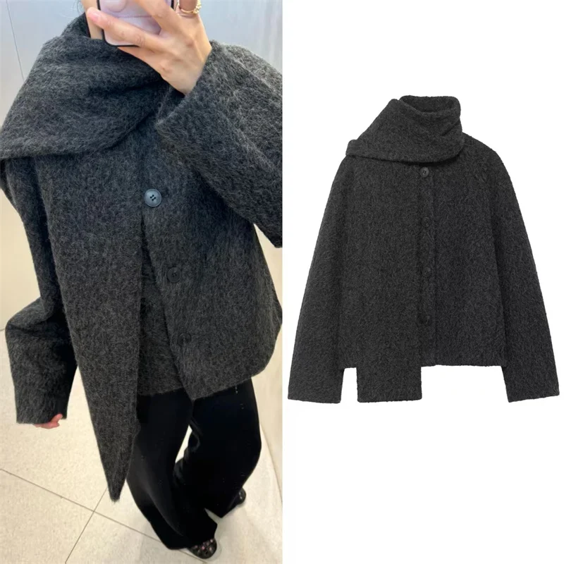 Women's Coat 2025 Winter New Style Dark Gray Long Sleeve with Scarf Decor Simple Short Coat Elegant and Fashionable