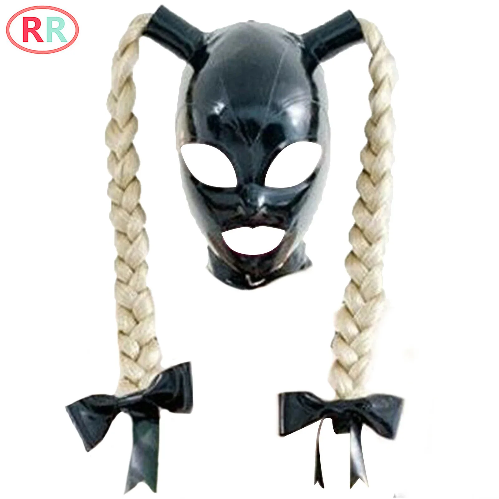 

Latex Party Mask for Adult Unisex Hood Open Eyes Mouth Head Cover Face Cover with Braid Wig Bow for Night Club Role Play