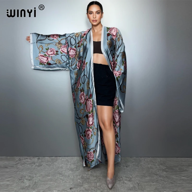 

WINYI elegant kimono boho kaftan beach wear Cardigan evening dress abaya dubai luxury cover-ups beach outfits women party dress